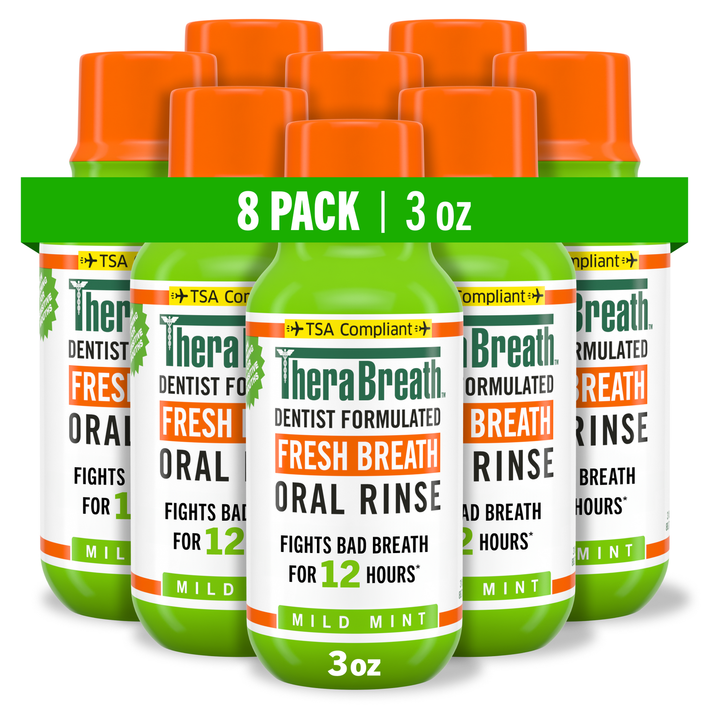 TheraBreath fresh breath oral rinse in mild mint flavor in travel size 8 pack.