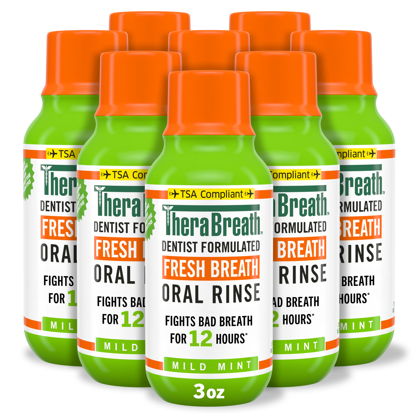 TheraBreath fresh breath oral rinse in mild mint flavor in travel size 8 pack.