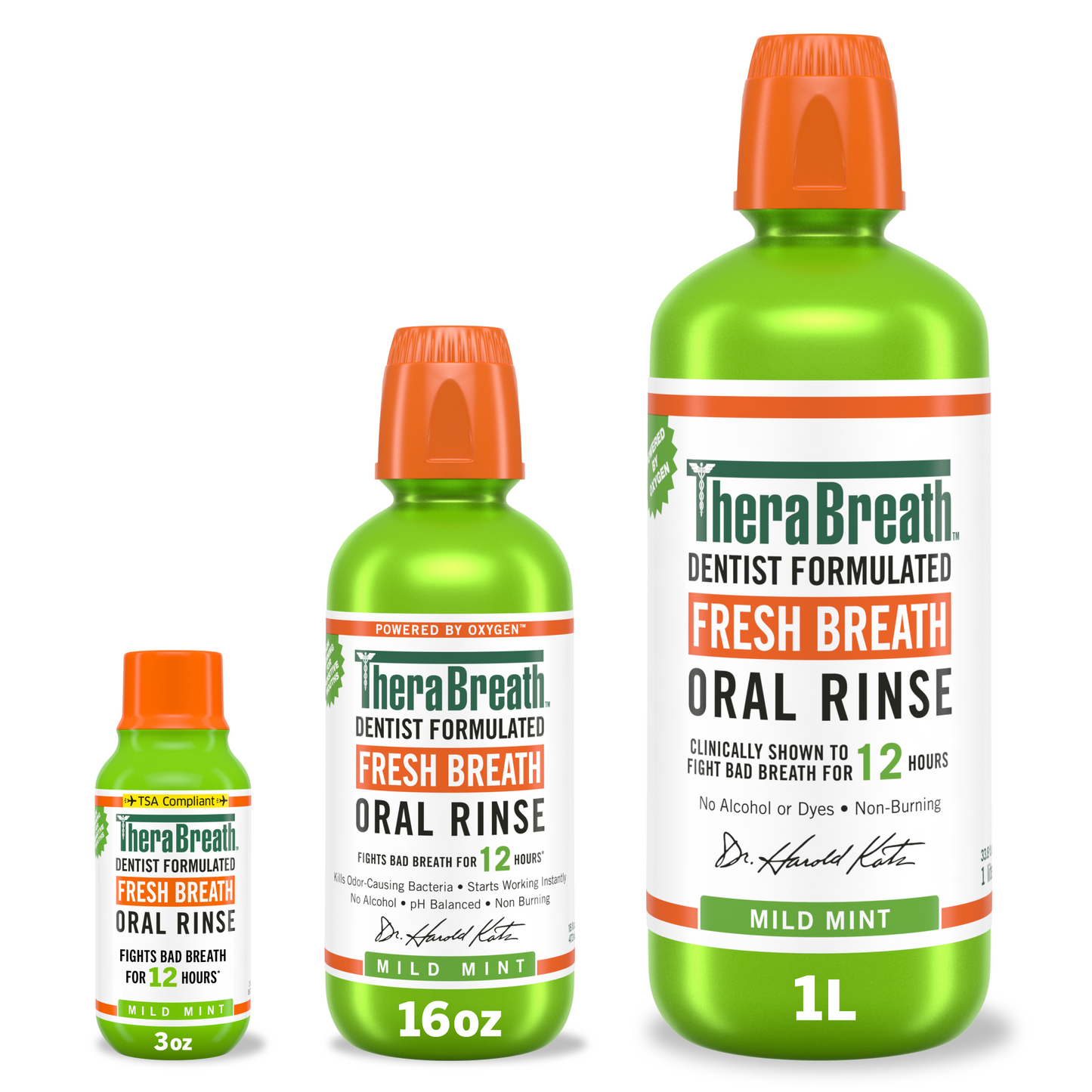 TheraBreath Fresh Breath Oral Rinse in Mild Mint flavor available in various size bottles.