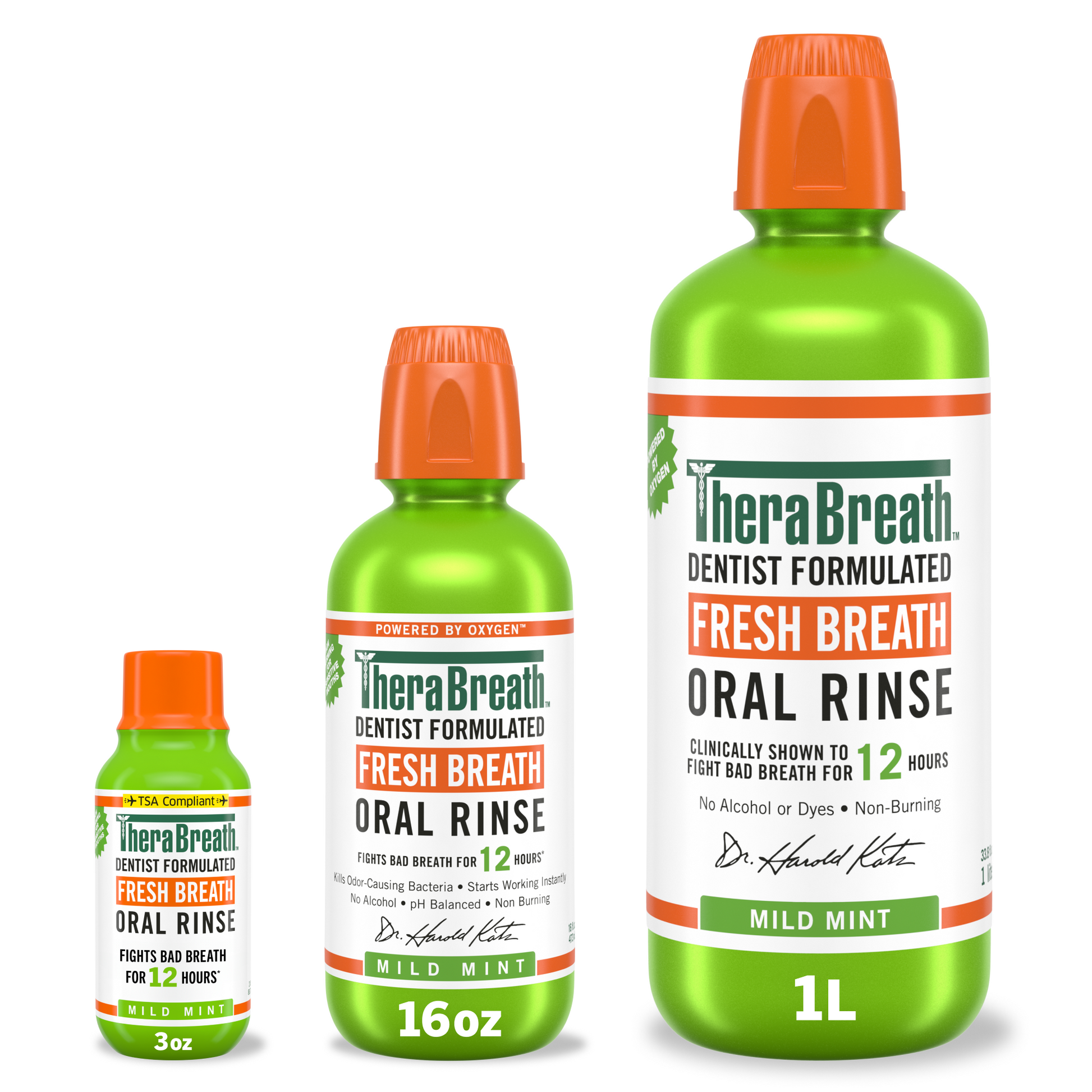 TheraBreath Fresh Breath Oral Rinse in Mild Mint flavor available in various size bottles.