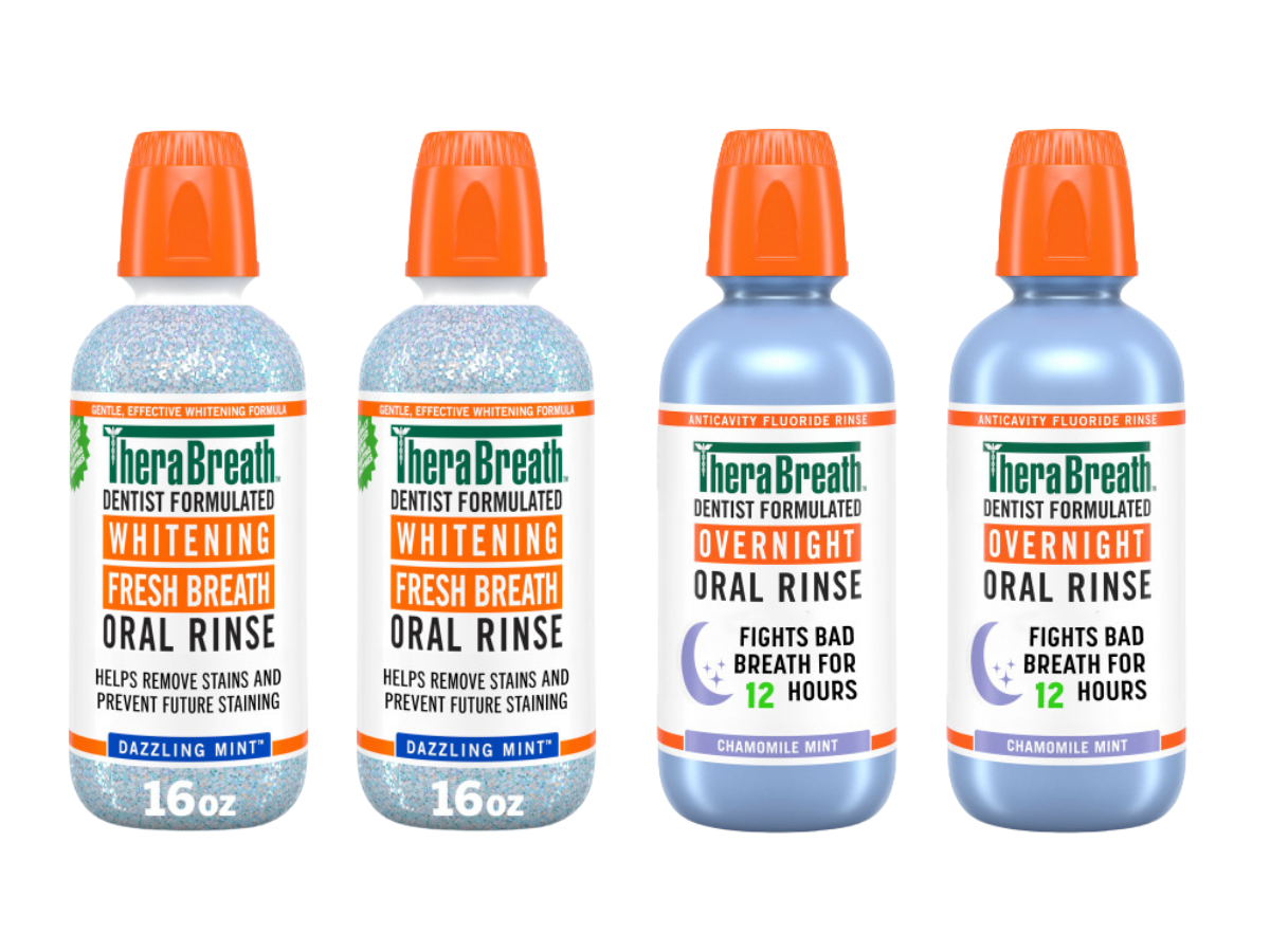 TheraBreath Whitening Fresh Breath Oral Rinse in Dazzling Mint and Overnight Oral Rinse in Chamomile Mint, available in 16oz bottles.