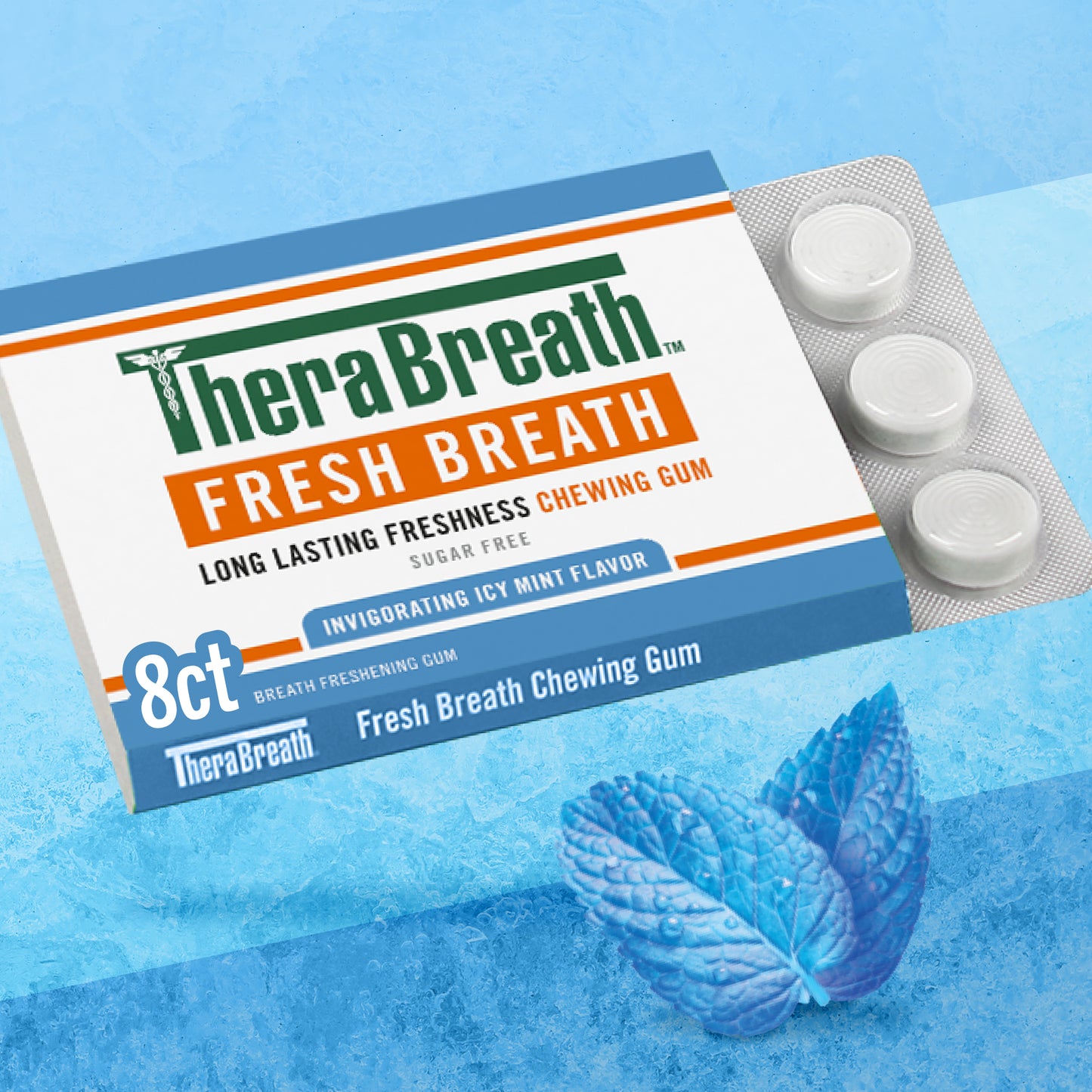TheraBreath fresh breath long lasting freshness chewing gum in invigorating icy mint flavor.