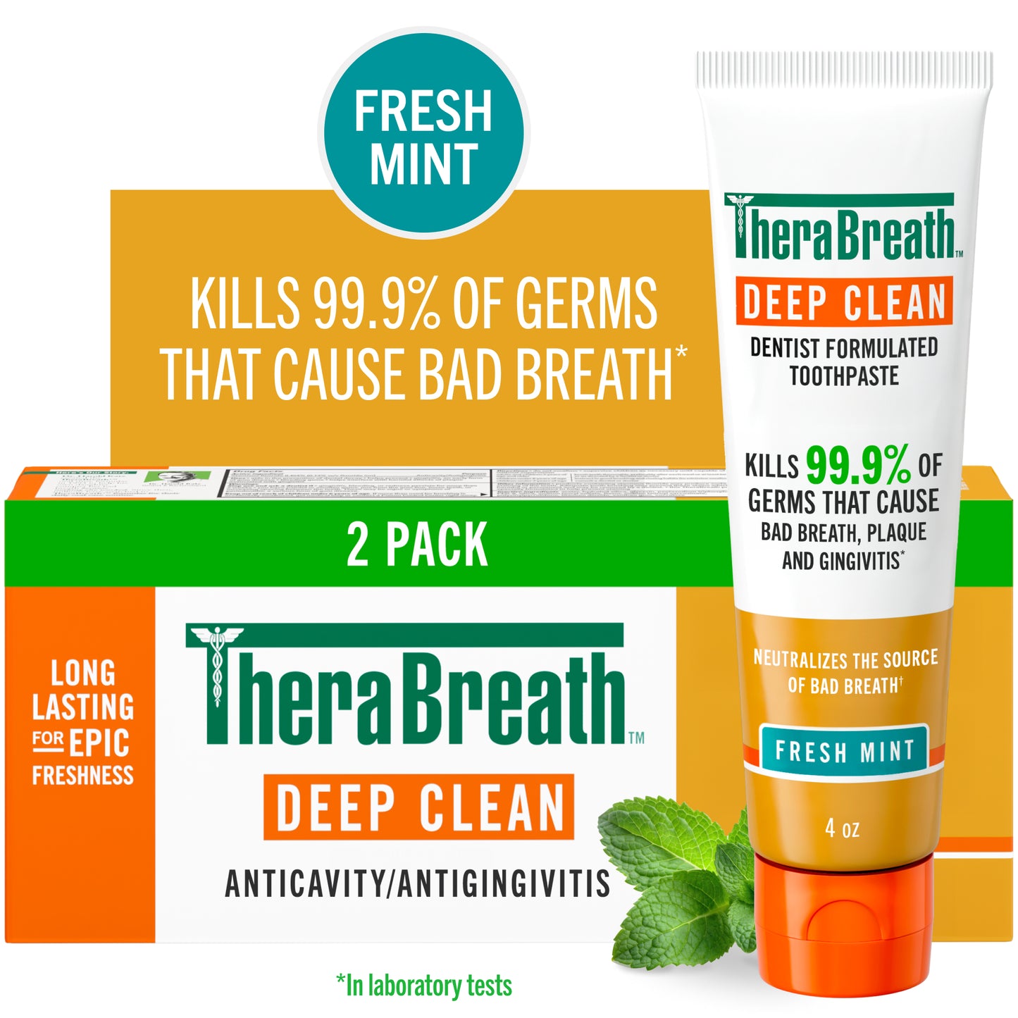 TheraBreath Deep Clean Toothpaste, Helps Fight Bad Breath, Fresh Mint, 4 oz, 2-Pack