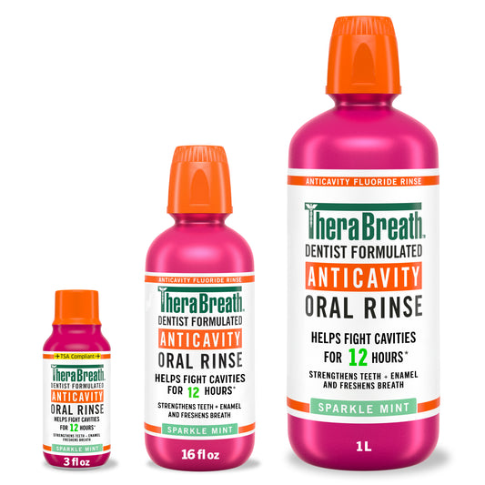 TheraBreath anticavity oral rinse in sparkle mint flavor in various bottle sizes