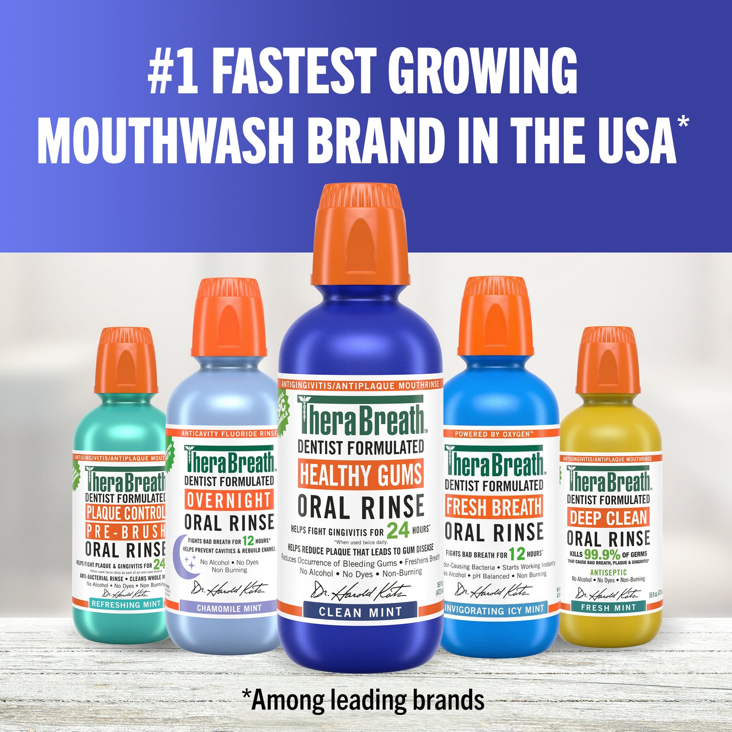 "#1 fastest growing mouthwash brand in the USA*" is stated above 5 bottles of TheraBreath Oral Rinse. At the bottom is stated "*Among leading brands"