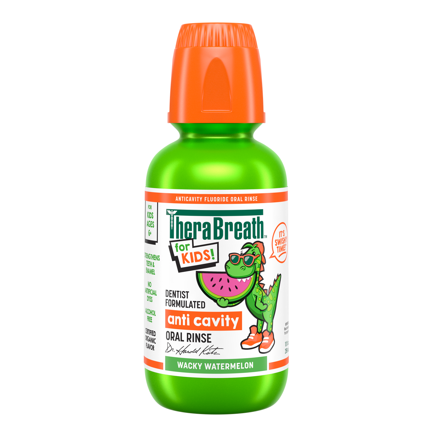 A green bottle of TheraBreath for Kids Anticavity Oral Rinse in Wacky Watermelon