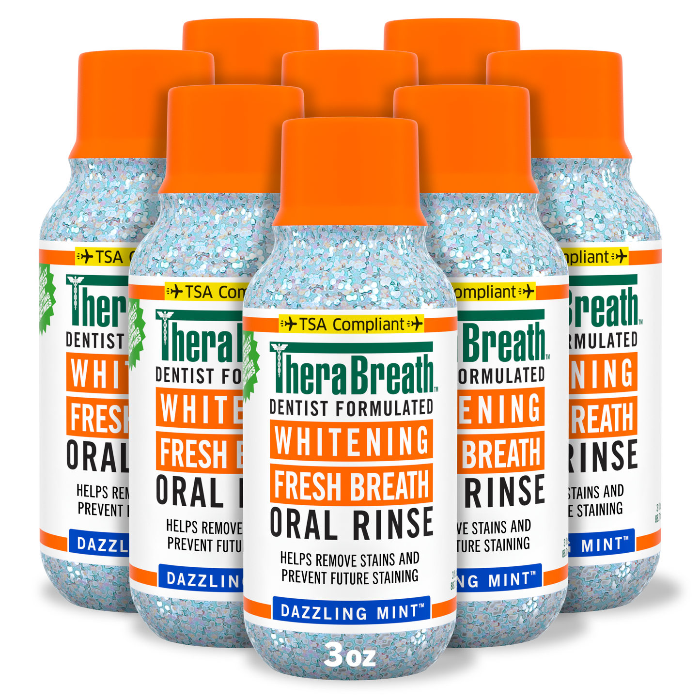 TheraBreath fresh breath long lasting freshness oral rinse in dazzling mint flavor travel size.