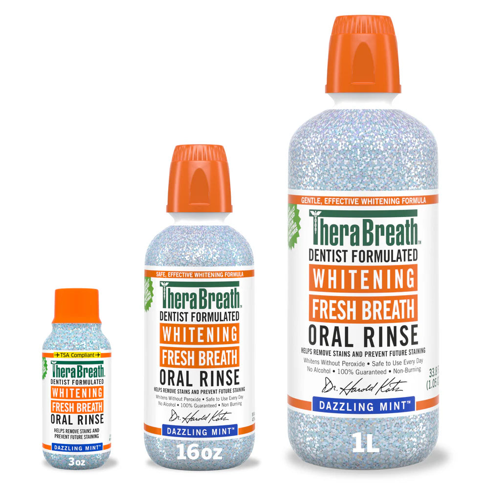TheraBreath whitening fresh breath oral rinse in dazzling mint flavor available in various size bottles.