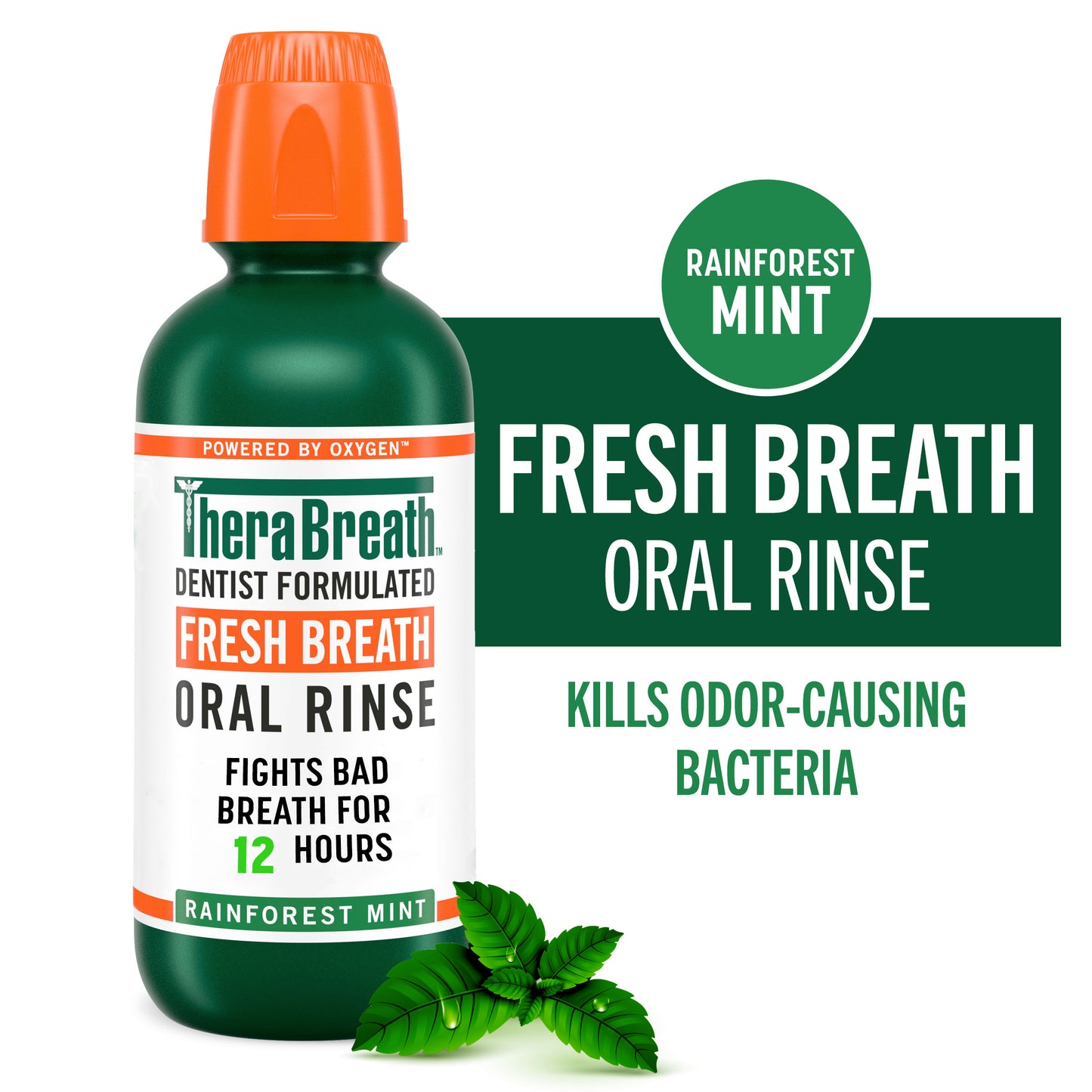 A bold blue bottle of TheraBreath Fresh Breath Oral Rinse Rainforest Mint flavor that kills odor-causing bacteria