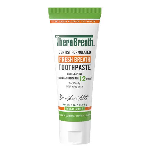 A green tube of TheraBreath fresh breath toothpaste in Mild Mint
