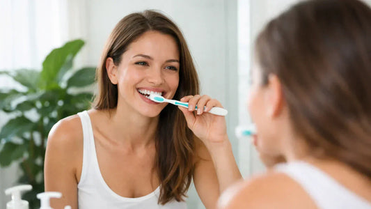 Woman smiling while brushing her teeth to remove dental plaque along the gumline
