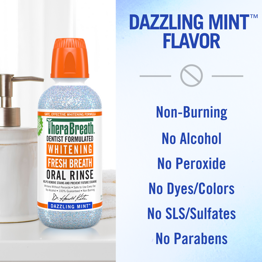 Bottle of TheraBreath whitening Fresh Breath Oral Rinse in Dazzling Mint flavor that is Non-Burning, no Alcohol, no Peroxide, no Dyes/Colors, no SLS/Sulfates and no Parabens