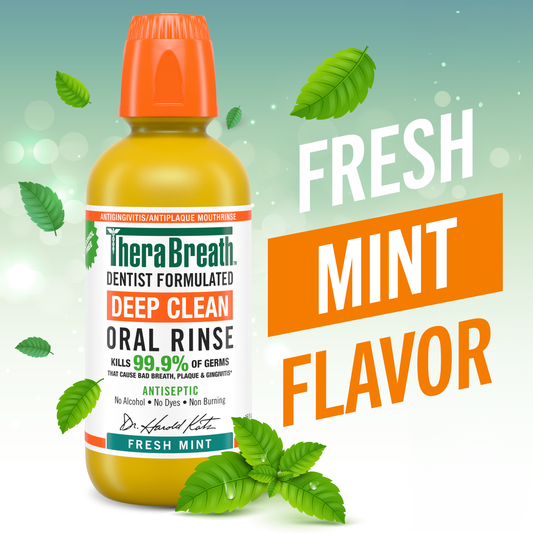 A yellow bottle of TheraBreath dentist-formulated Deep Clean Oral Rinse in Fresh Mint flavor