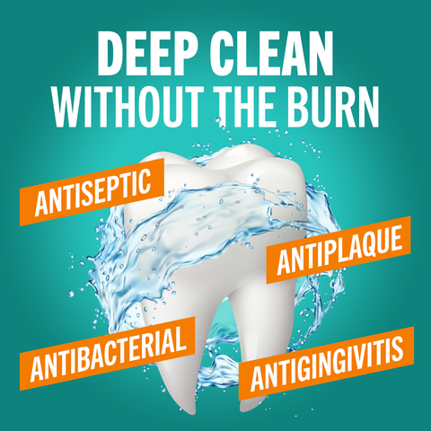 Tooth graphic on cool blue background with text: “Deep clean without the burn”; antiseptic, antibacterial, antiplaque, antigingivitis.