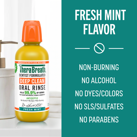 TheraBreath Deep Clean Oral Rinse (Fresh Mint), yellow bottle; non‑burning, free of alcohol, dyes/colors, SLS/sulfates, and parabens.