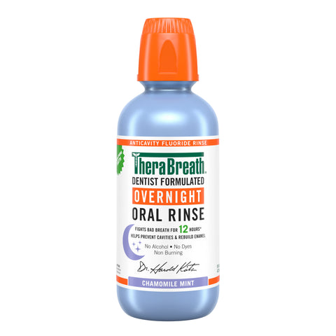 Silver bottle of TheraBreath Overnight Oral Rinse in Chamomile Mint