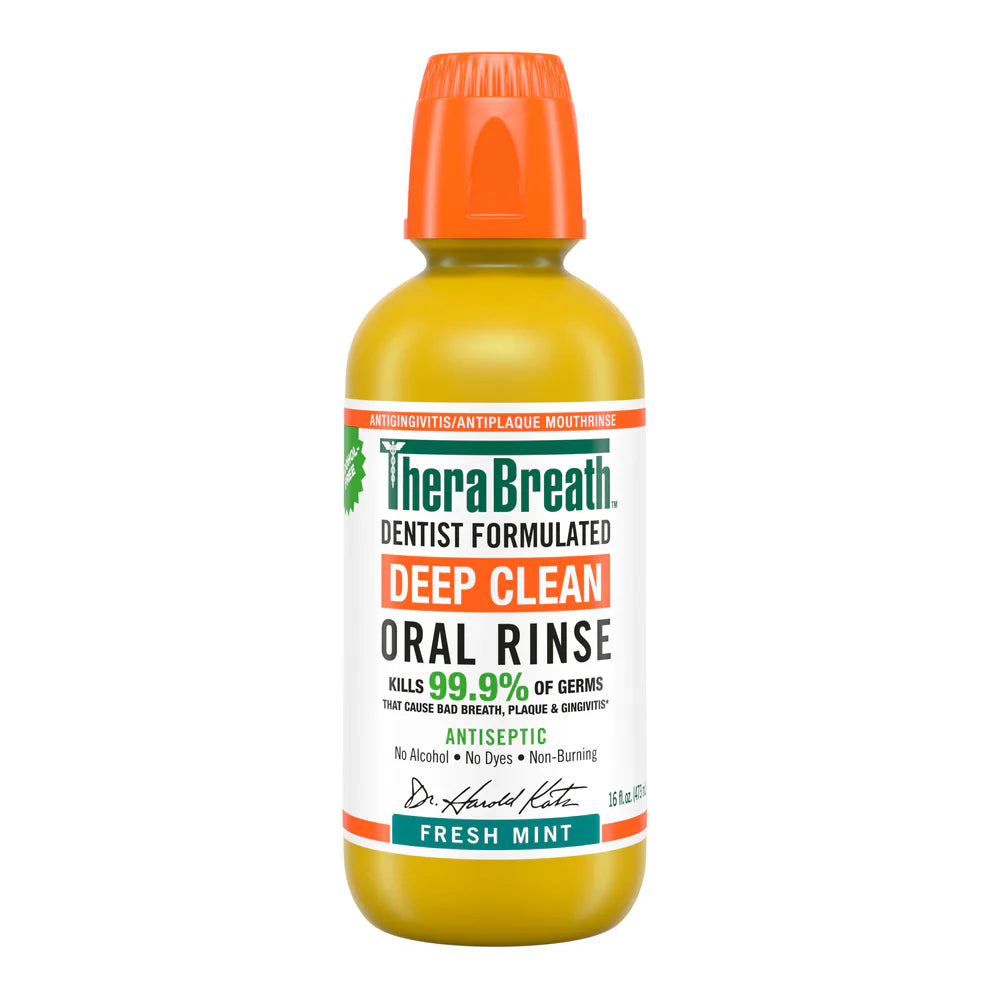 Yellow bottle of TheraBreath Deep Clean Oral Rinse in Fresh Mint on a white background