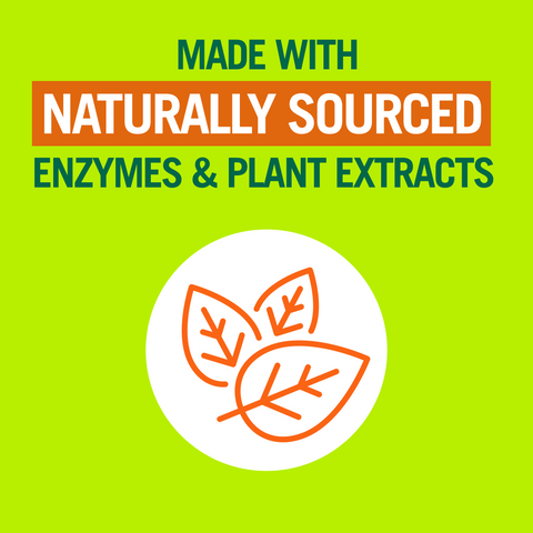 “Made with naturally sourced enzymes and plant extracts” on lime background with leaf illustration.