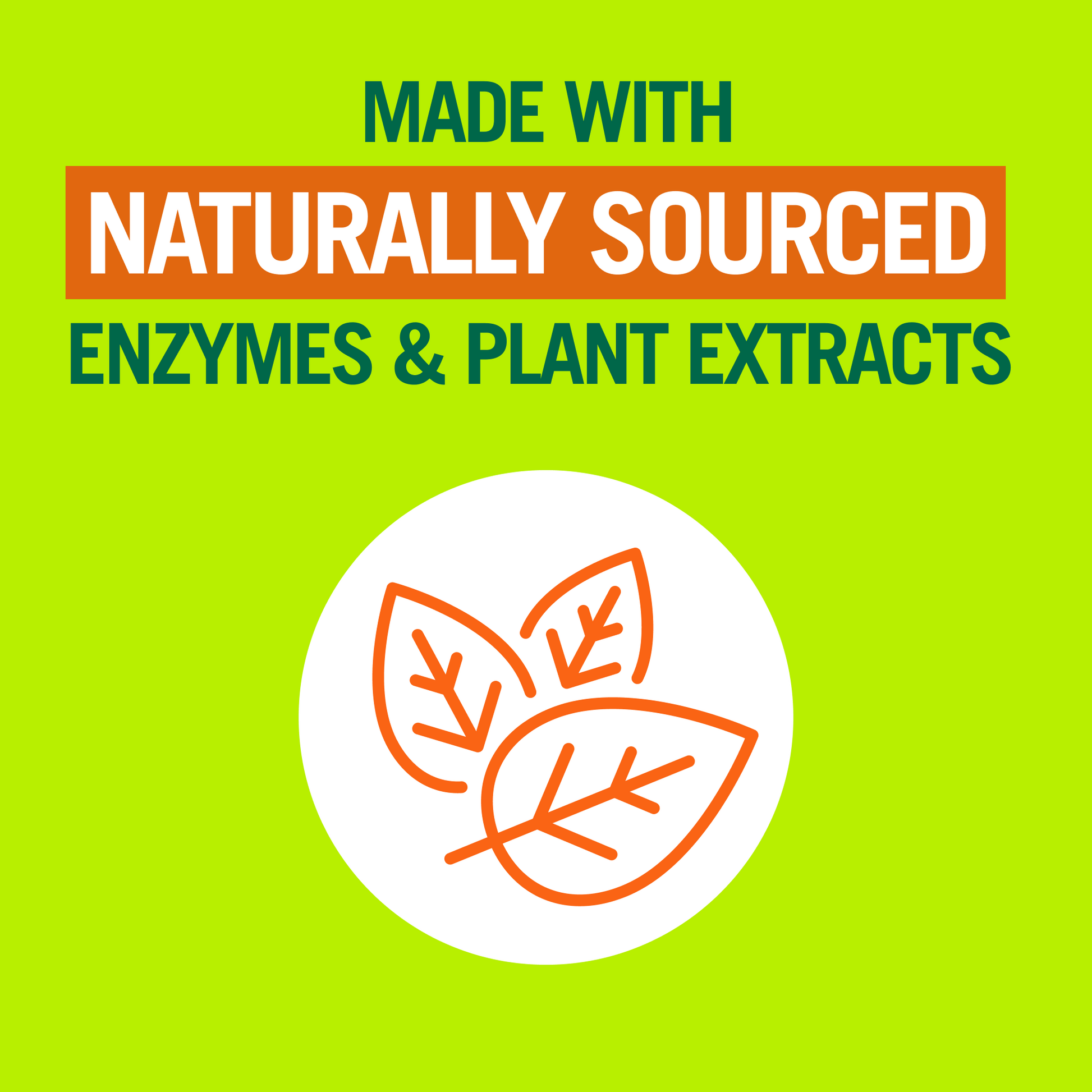 "Made with naturally sourced enzymes and plant extracts" on a lime background with a simple drawing of leaves