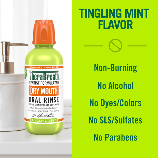 Lime green bottle of TheraBreath Dry Mouth Oral Rinse in Tingling Mint flavor that is Non-Burning, no Alcohol, no Dyes/Colors, no SLS/Sulfates and no Parabens