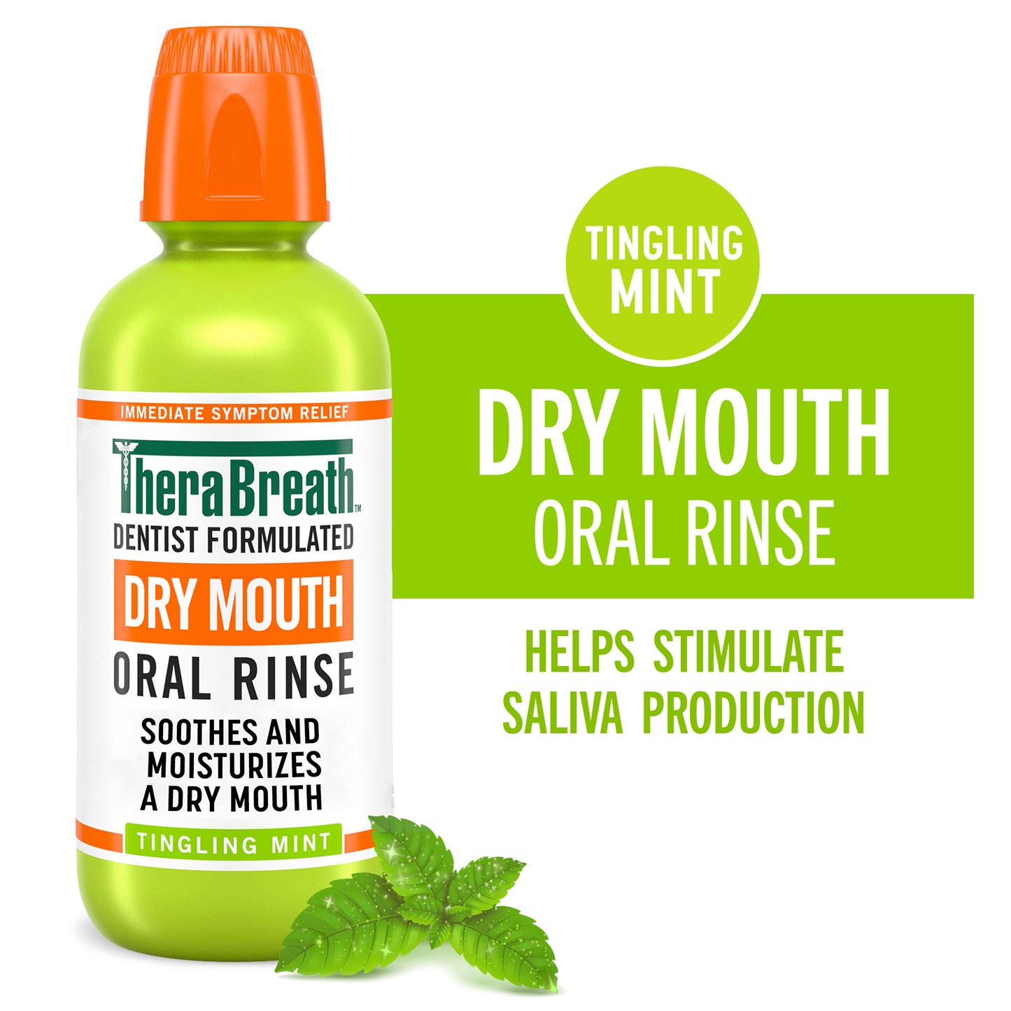 A green bottle of TheraBreath Dry Mouth Oral Rinse in Tingling Mint that helps stimulate saliva production
