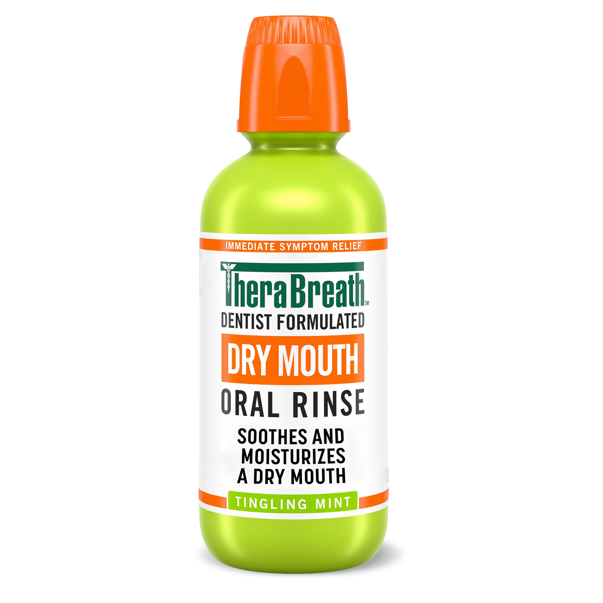 A green bottle of TheraBreath Dry Mouth Oral Rinse in Tingling Mint