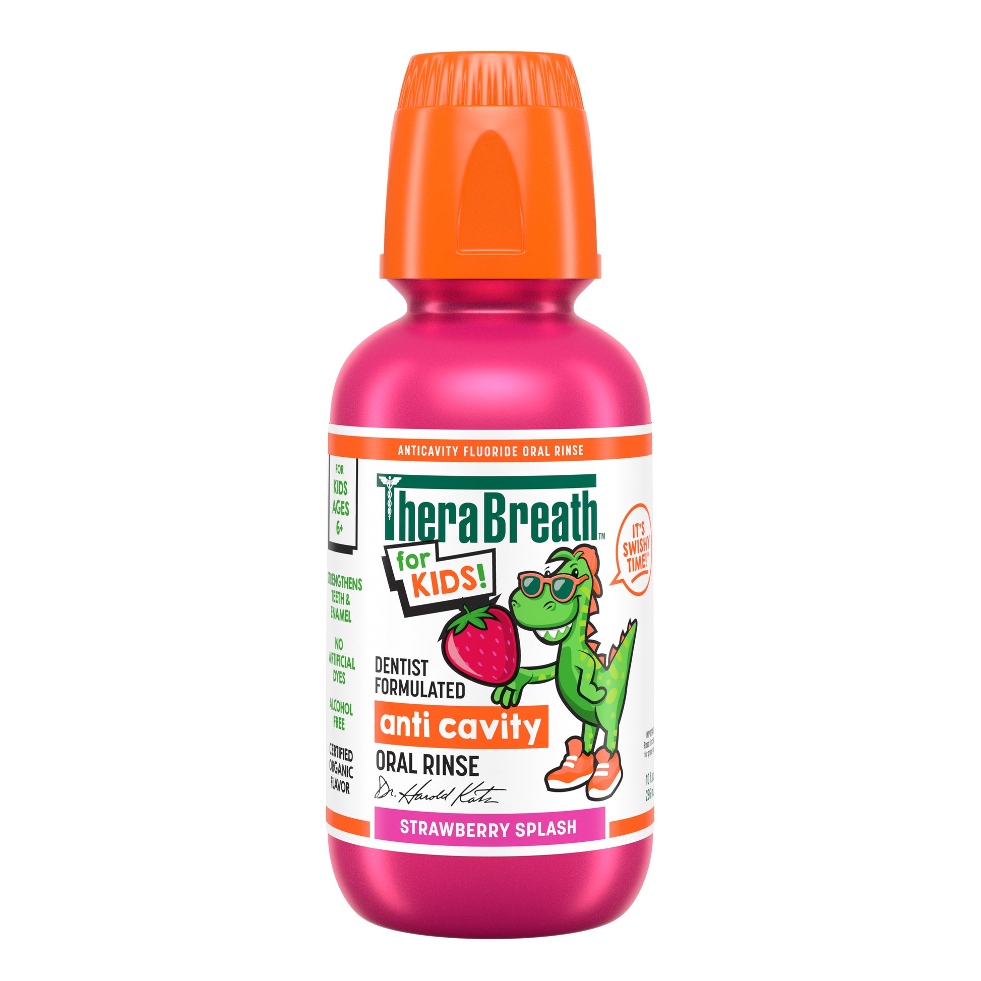 Pink bottle of TheraBreath for Kids Anti-Cavity Oral Rinse in Strawberry Splash