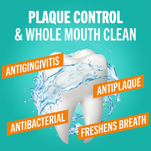 Clean tooth graphic with text “Plaque control & whole mouth clean,” surrounded by “antigingivitis, antiplaque, antibacterial, freshens breath.”