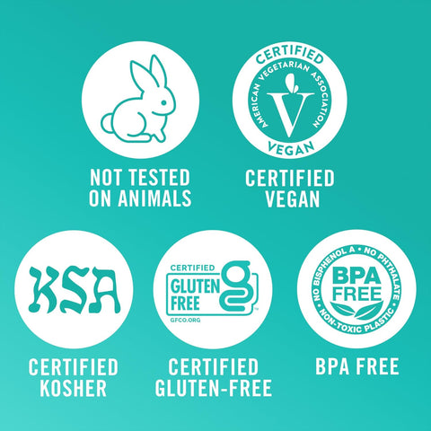 TheraBreath facts with certification logos: Not Tested on Animals; Certified Vegan, Kosher, and Gluten-Free (GFCO.org); and BPA-free