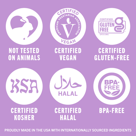 Not tested on animals, certified vegan, gluten-free, kosher, halal, and BPA-free.