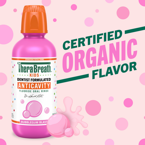 TheraBreath for kids anticavity in bubblegum blast flavor that is certified organic flavor.
