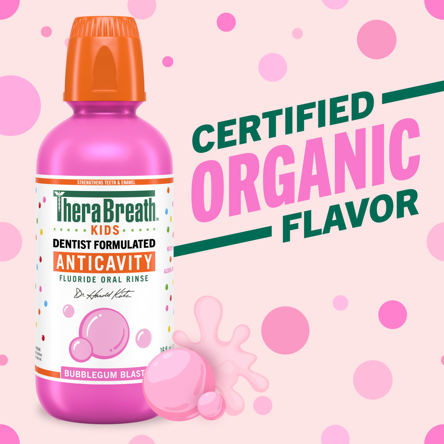 TheraBreath for kids anticavity in bubblegum blast flavor that is certified organic flavor.