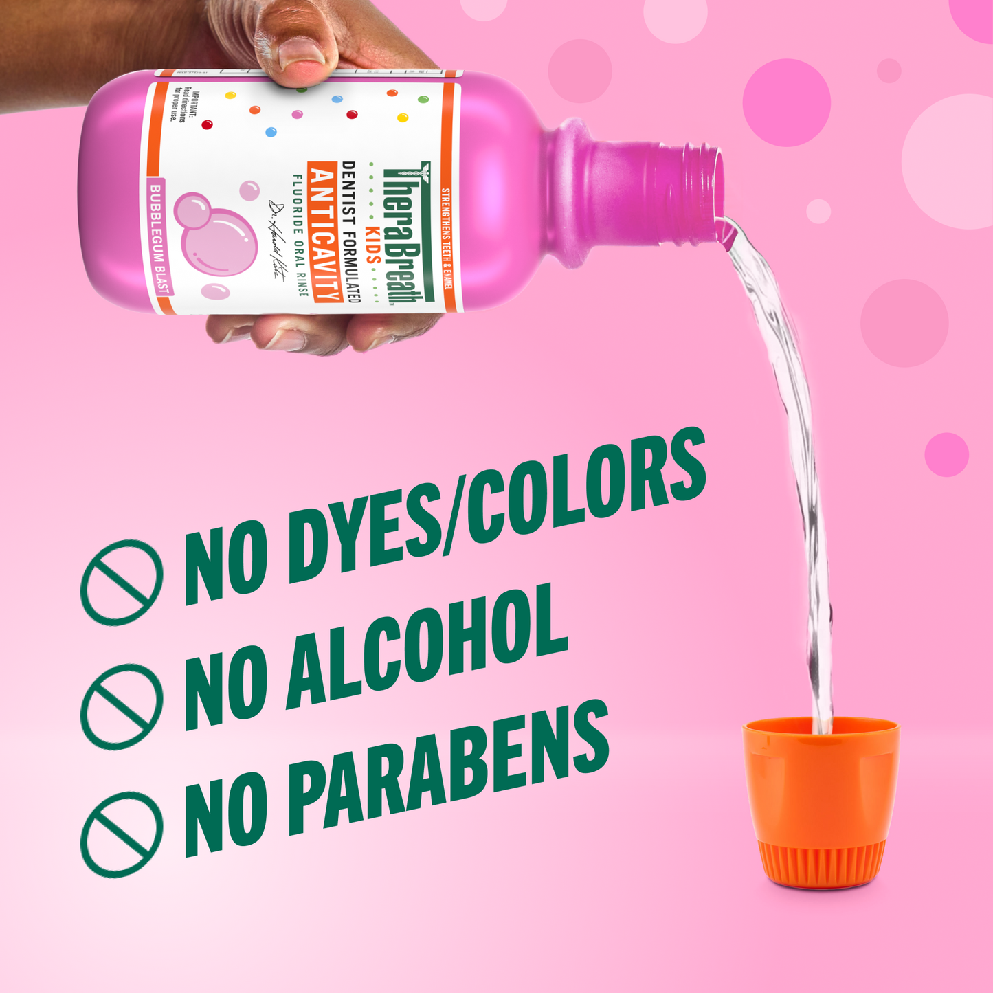 TheraBreath for kids anticavity bubblegum blast flavor with no dyes or colors, no alcohol and no parabens.