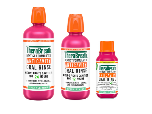 TheraBreath anticavity Oral Rinse in sparkle Mint flavor available in various size bottles.
