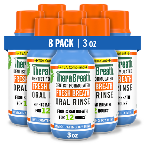 TheraBreath Fresh Breath Oral Rinse (Invigorating Icy Mint), travel size 8 pack; long‑lasting freshness.