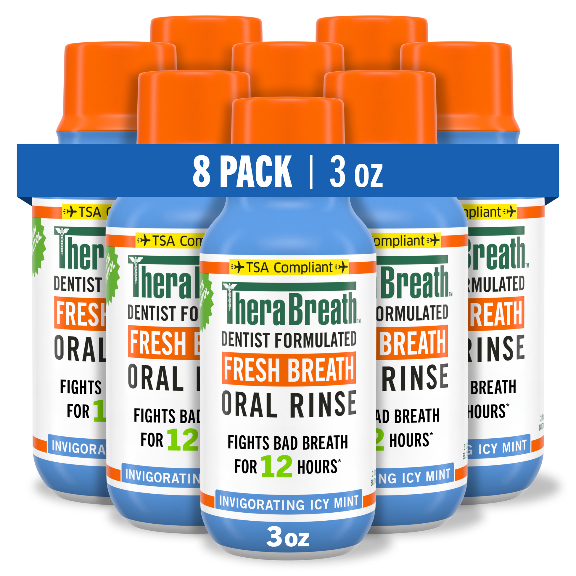 TheraBreath fresh breath long lasting freshness oral rinse in invigorating icy mint flavor travel size 8 pack.