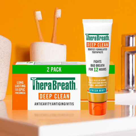 TheraBreath deep clean toothpaste in fresh mint flavor two pack.