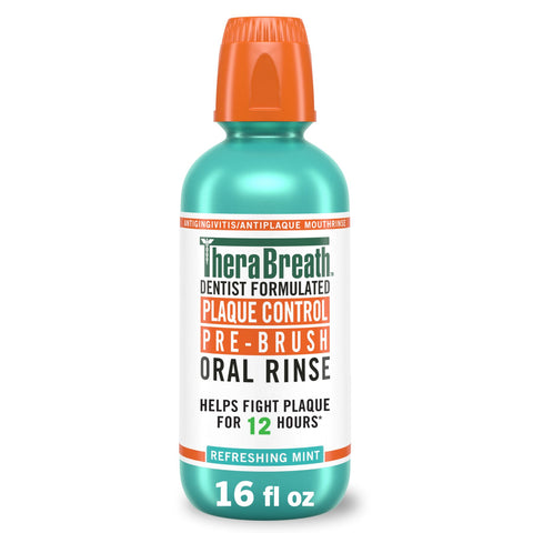 A bottle of TheraBreath plaque control pre brush oral rinse in refreshing mint flavor.