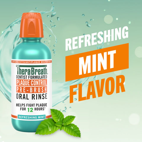 TheraBreath plaque control pre brush oral rinse in refreshing mint flavor banner image.