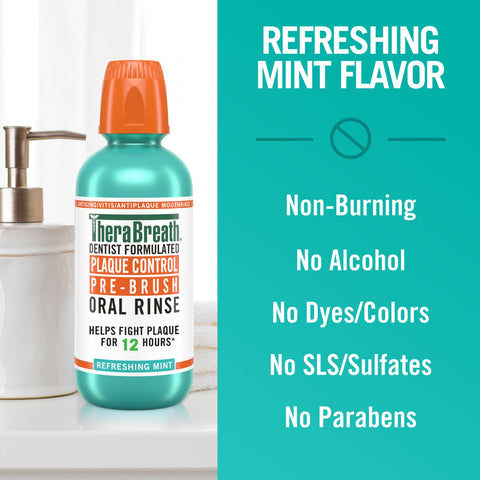 A bottle of TheraBreath plaque control pre brush oral rinse in refreshing mint flavor with its benefits highlighted.