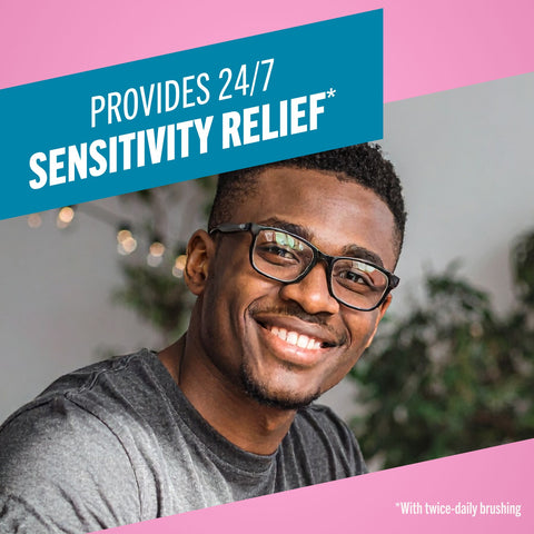 Man smiling wearing glasses with a text, provides 24/7 sensitivity relief.