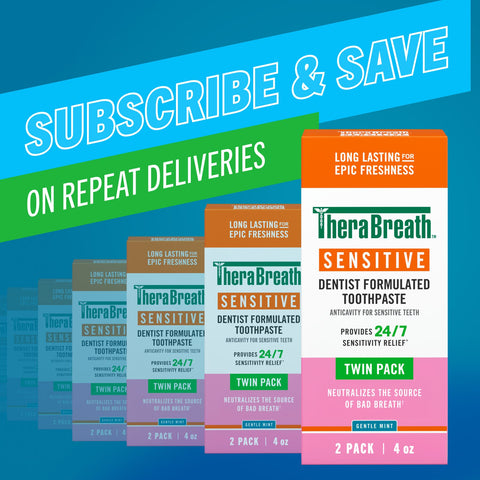 subscribe and save on repeat deliveries on therabreath sensitive toothpaste twin pack.