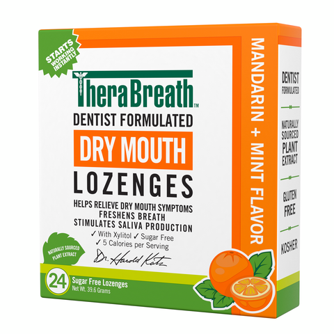 Right-angled view of a box of TheraBreath Dry Mouth Lozenges in Mandarin Mint