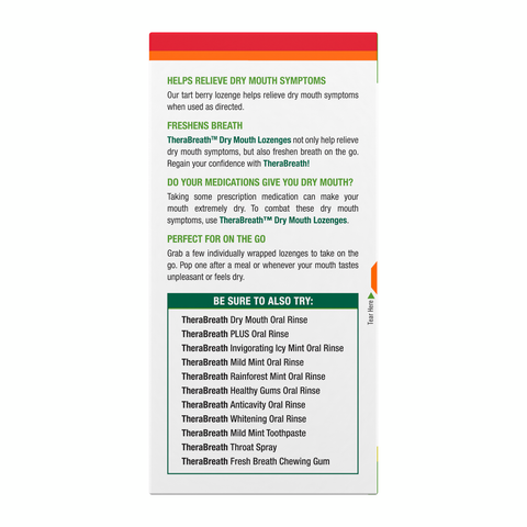 Side view of TheraBreath Dry Mouth Lozenges box displaying the benefits