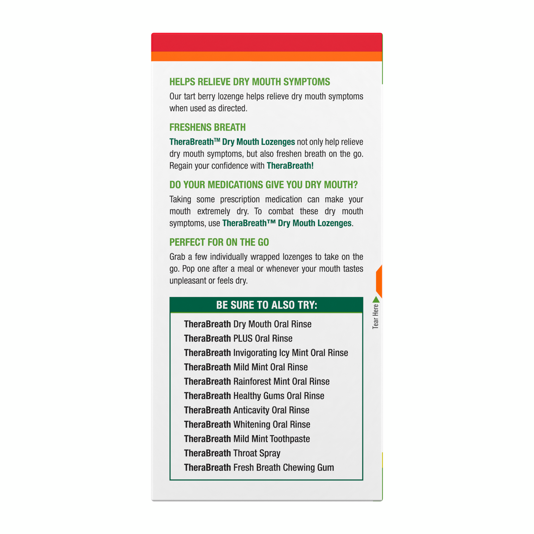 Side view of TheraBreath Dry Mouth Lozenges box displaying the benefits