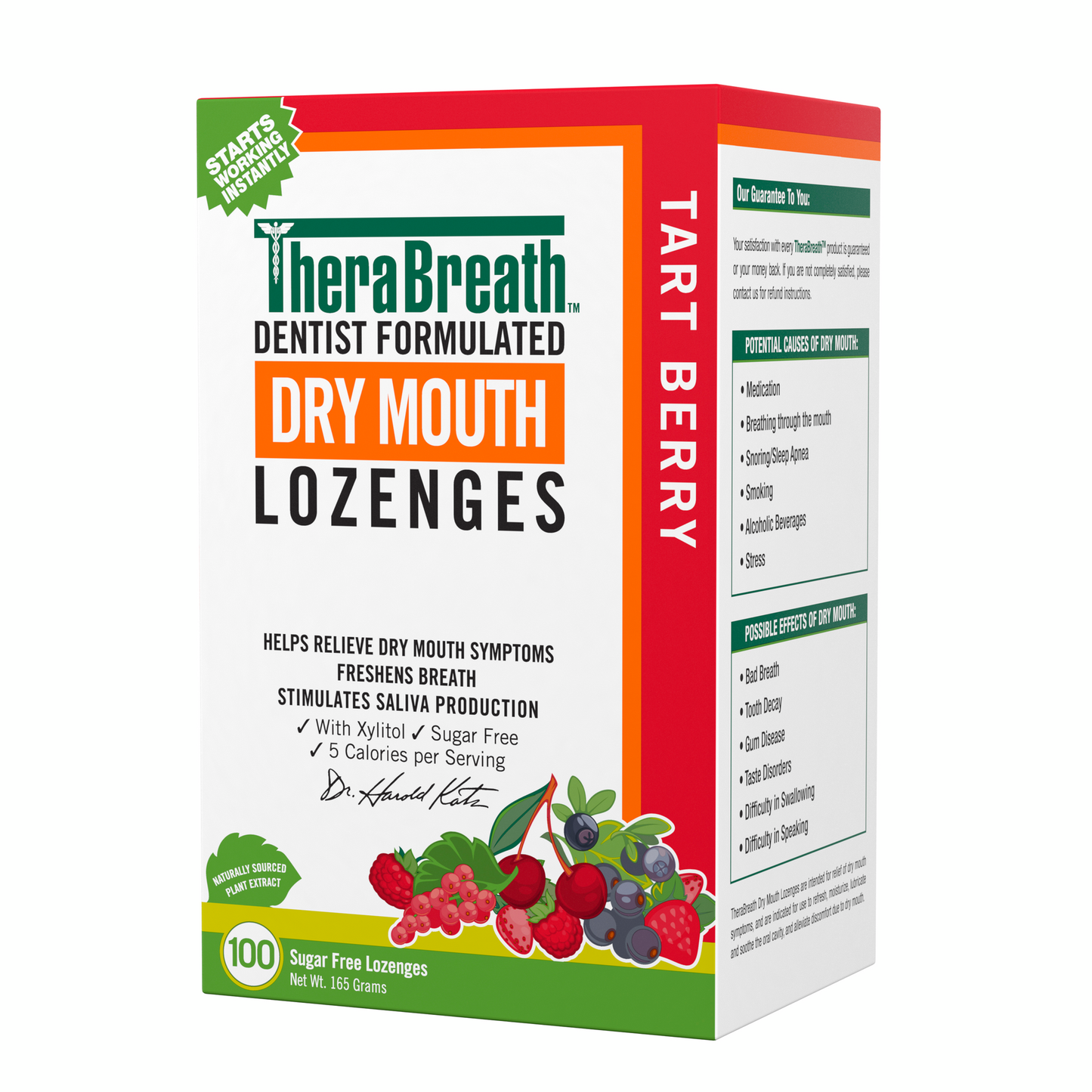 Right-angled view of a box of TheraBreath Dry Mouth Lozenges in Tart Berry