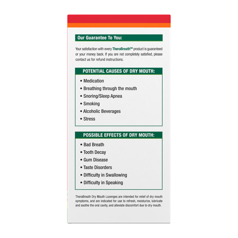 Side view of TheraBreath Dry Mouth Lozenges box with our satisfaction guarantee