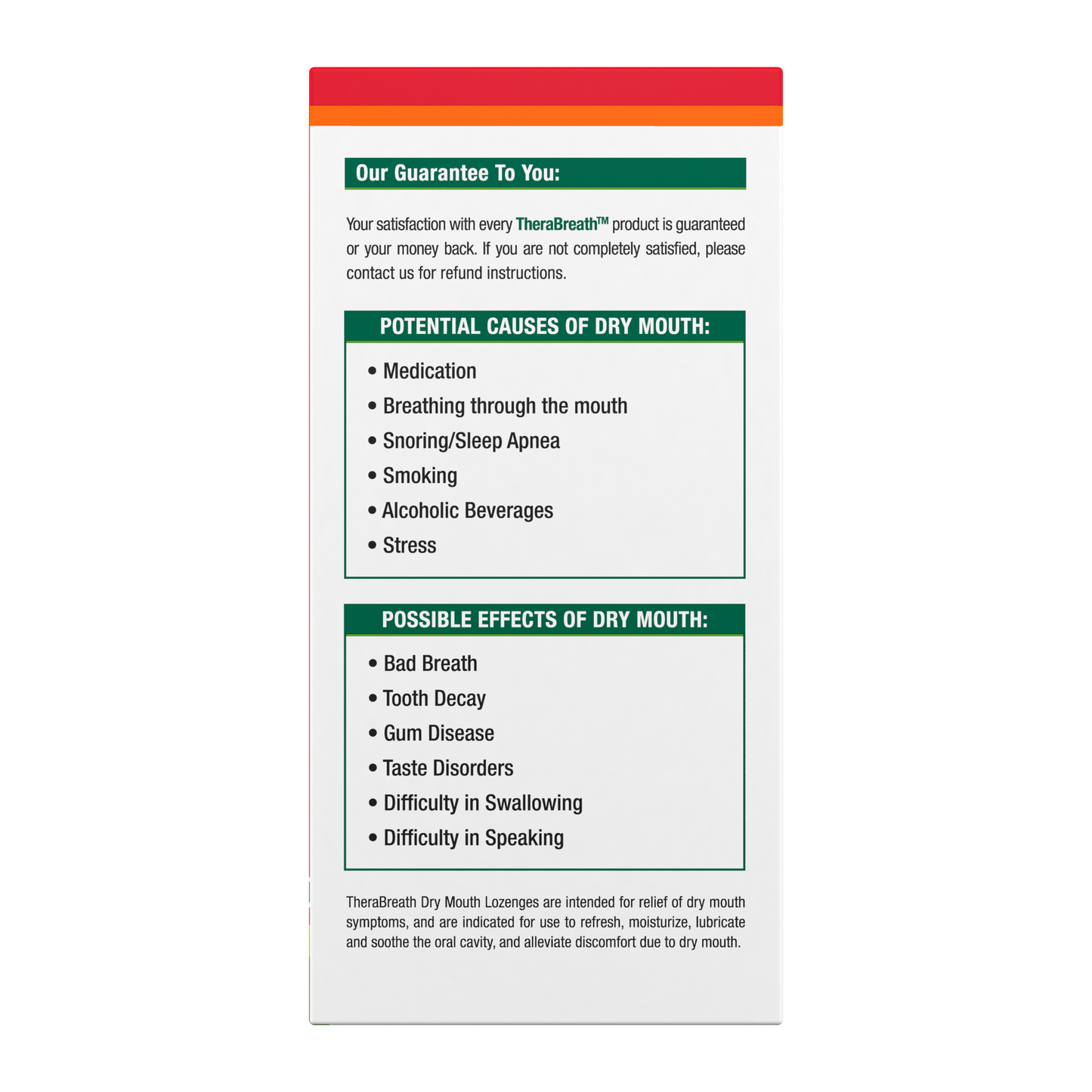 Side view of TheraBreath Dry Mouth Lozenges box with our satisfaction guarantee