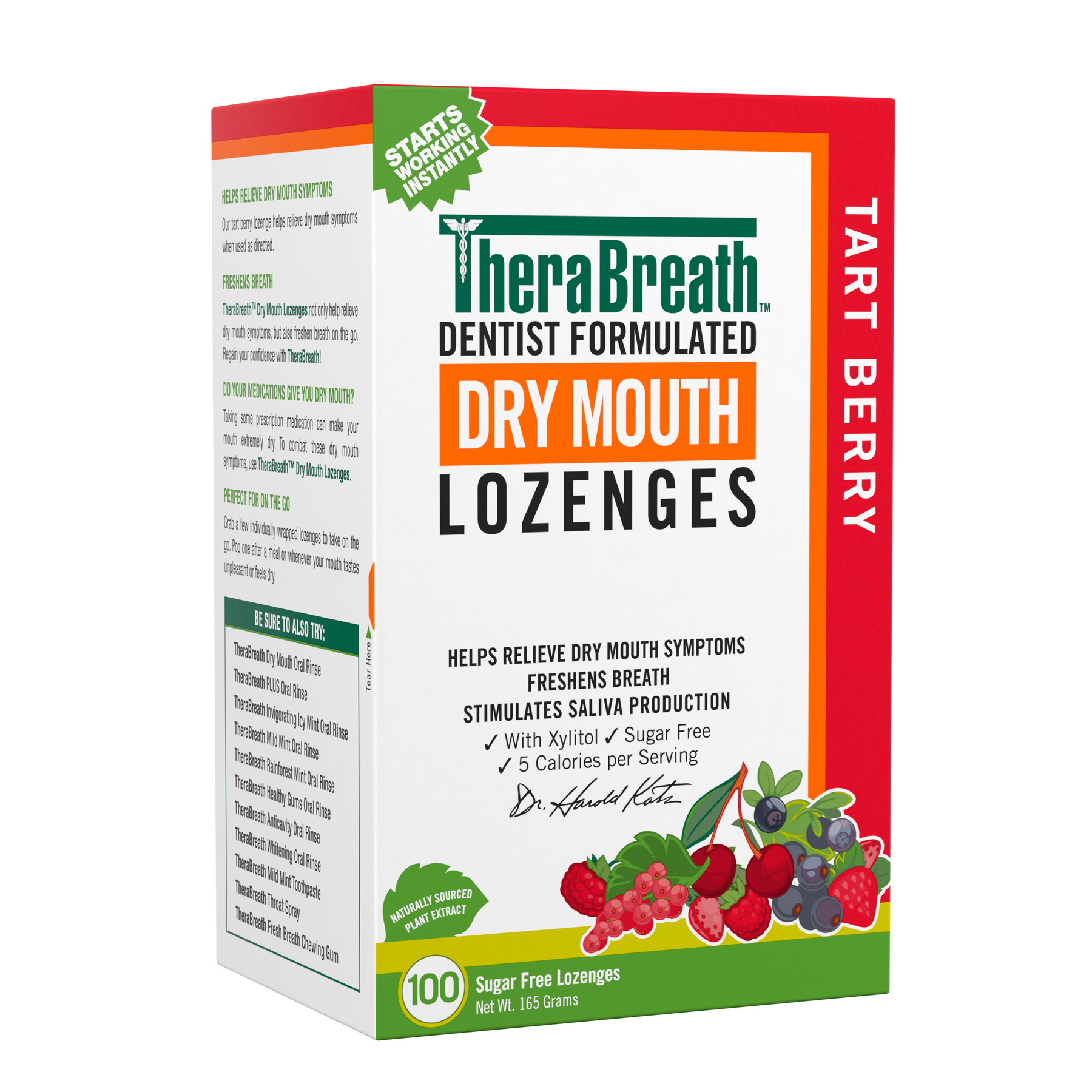 Left-angled view of a box of TheraBreath Dry Mouth Lozenges in Tart Berry