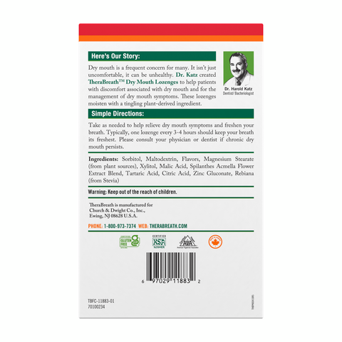 Back of TheraBreath Dry Mouth Lozenges box with “Our Story,” simple directions, and ingredients.